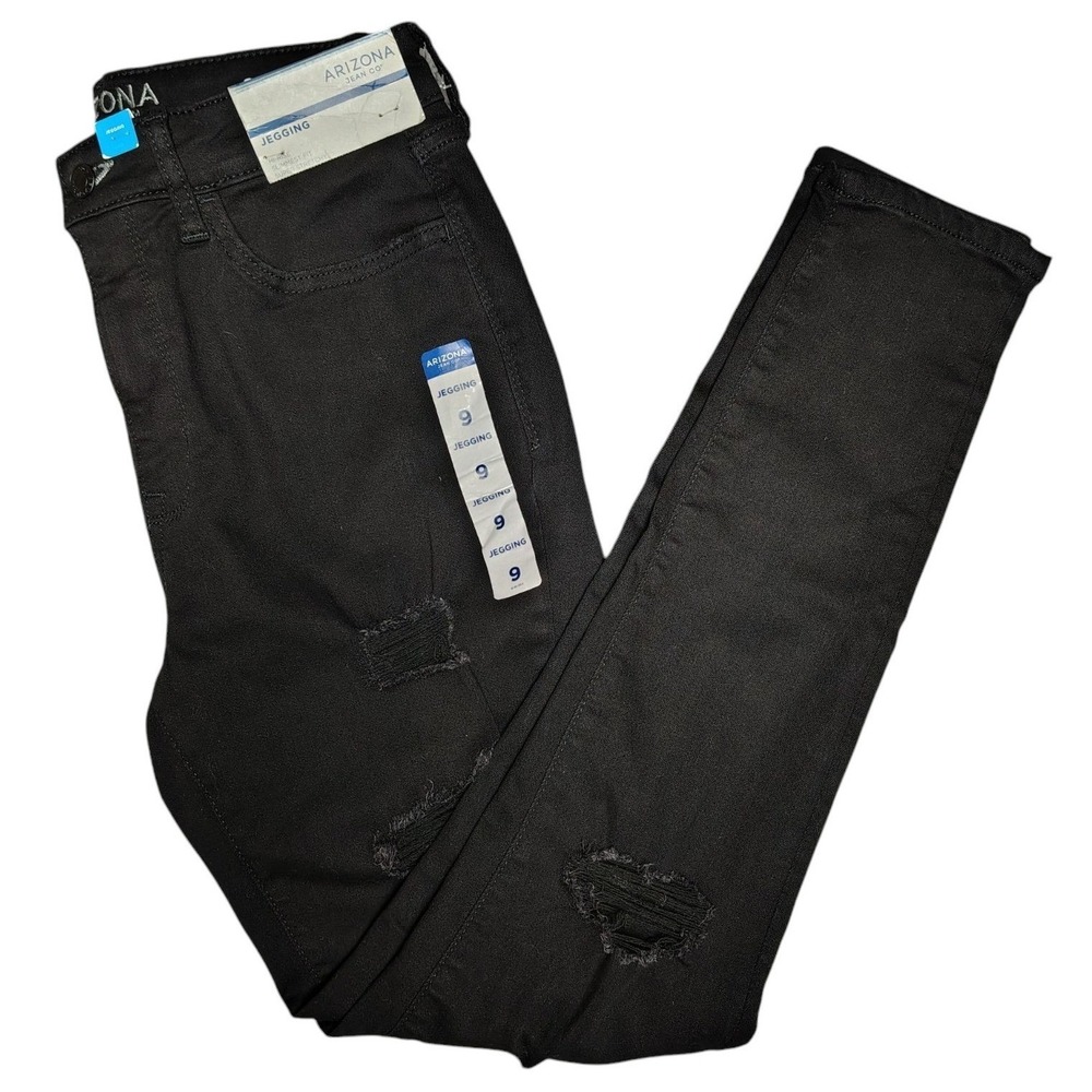 NWT Arizona Jean Co‎ Jeggings Women 9 Black Distressed High Rise Slim Fit Jeans